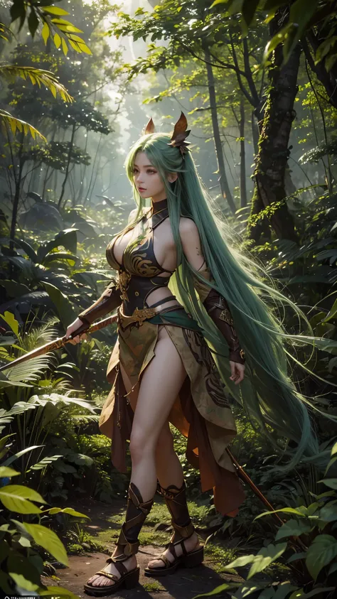 4K anime style quality, digital drawing mode, nature-themed female warrior with long green hair and glowing earthy-brown eyes, wearing a leaf and bark-adorned outfit with club symbols carved into her weapon, standing in a lush forest surrounded by wildlife...