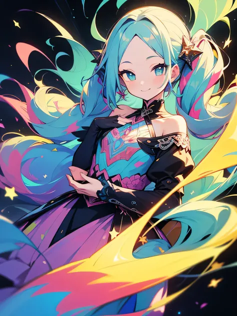 from wonder above,(looking at viewer:1.3),(masterpiece, Best Quality, Official Art:1.2), (colorful), offshoulder,I am the star:1.3,Enchanting chest、Gazing at the audience, One Girl, Alone,big forehead,thin straight long twintail,  White background , floati...