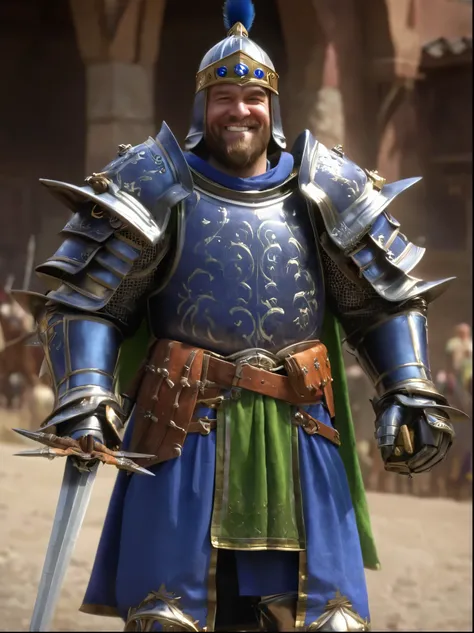 cinewow,byzantine knight, byzantine inspired armor, blue and green ctunic,smiling,epic,cinematic,best quality,photoreal,masterpiece,awardwinning,trending on artstation and deviantart, 