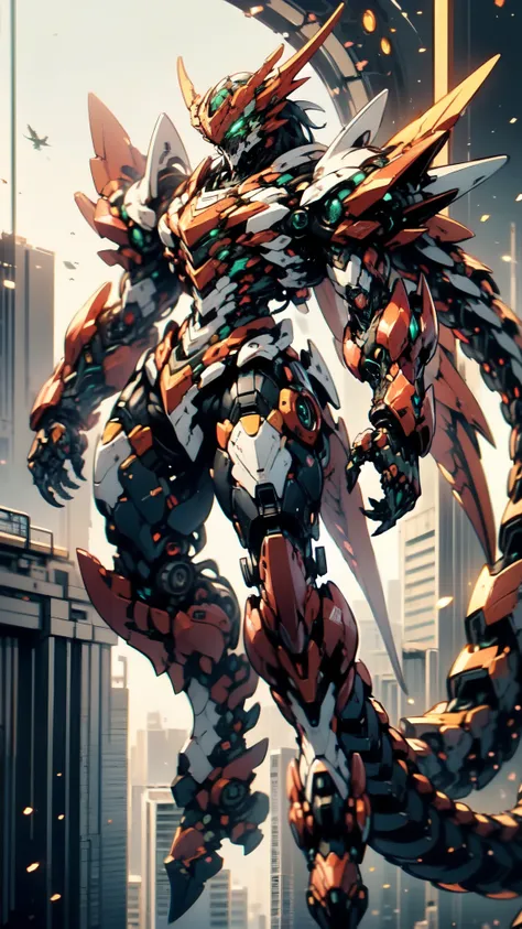 (masterpiece:1.5, best quality:1.5, extremely delicate:1.5, dynamic angle:1.5), ((male:1.5)), Biomimetic humanoid Mecha, green eyes, fully enclosed shoulder guards, matching arm and leg guards, gemstone, full body, full armor, the design balances heavy wit...