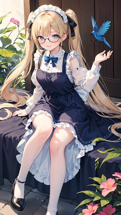 realistic, high resolution, Medieval castle garden、 Colorful Flowers,squirt、 girl victory, 1girl, the girl is young, (the girl is ten years old), golden hair, long twintail, , Maid uniform, dark green long dress, White frilly apron、 shoulders and chest are...