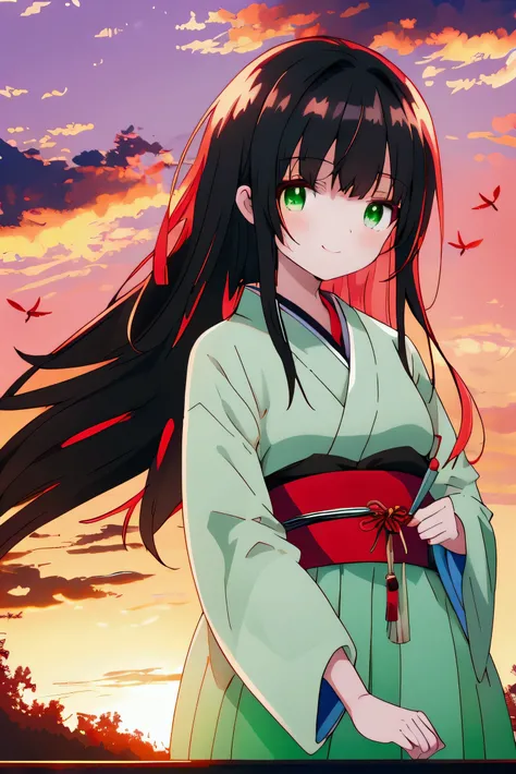 Best Quality,8k,masterpiece:1.3, Japanese anime style human girl ,1 person,1 person,Petite, glamorous body that rides on a horses back,Curvy,cute,Smiling face,Beautiful long black hair, beautiful emerald green eyes ,Composition that emphasizes the face,A r...