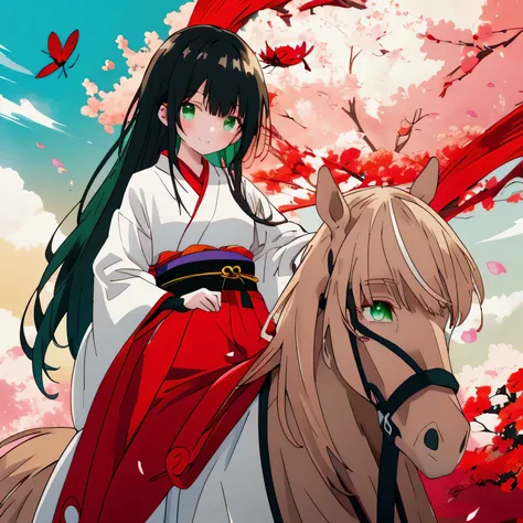 Best Quality,8k,masterpiece:1.3, Japanese anime style human girl ,1 person,1 person,Petite, glamorous body that rides on a horses back,Curvy,cute,Smiling face,Beautiful long black hair, beautiful emerald green eyes ,Composition that emphasizes the face,A r...