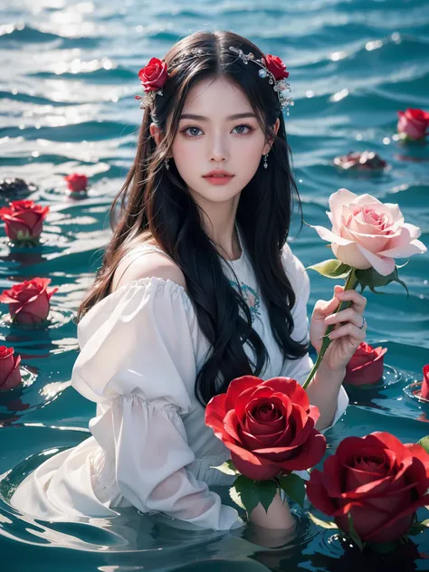 Best Quality　masterpiece　 Details　Drop a rose flower into the water 　 bubbles stand vigorously　Photo style　 fantastic　 Dramatic Production 　 fantasy