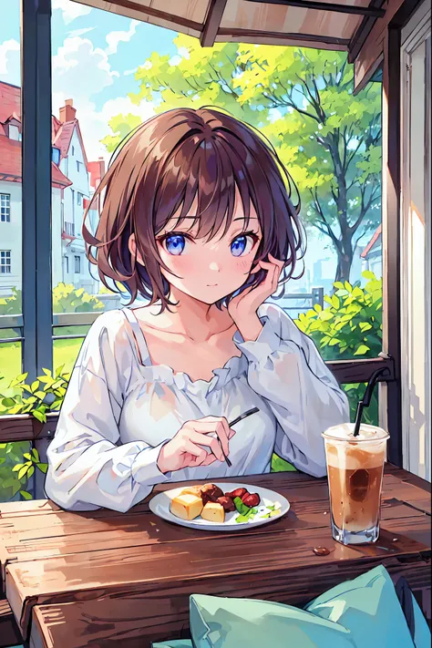 masterpiece, Best Quality, One Girl,  upper body,, short hair, , ,  casual clothes , frills, Outdoors、Inside the room、relax、Drink coffee、 FOCUS ON THE FACE 、The viewer is the viewer&#39;sight，Brown Hair， shortcuts，Messy Hair，Short braided hair，Neat，Slender...