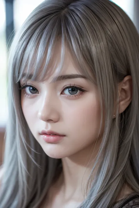 masterpiece, 8k,  Award Winning Photos , photoRealistic, Realistic, 非常に Details,  super high definition, Ray Trakun, ///1 person, The most beautiful, 20 years old , (sexy,  Japanese idol), (Gray Hair:1.2),///人間の Details つやつやした肌 ,  Detailsな肌 , Beautifully  ...