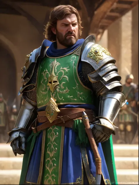 cinewow,byzantine knight, byzantine inspired armor, blue and green ctunic,serious expression,epic,cinematic,best quality,photoreal,masterpiece,awardwinning,trending on artstation and deviantart, 