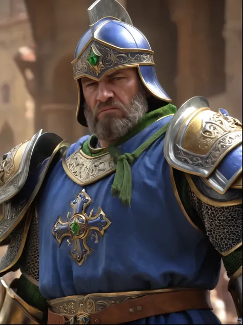 cinewow,byzantine knight, byzantine inspired armor, blue and green ctunic,serious expression,epic,cinematic,best quality,photoreal,masterpiece,awardwinning,trending on artstation and deviantart, 