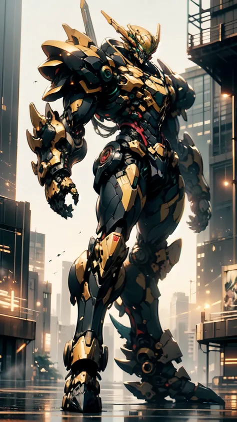 (masterpiece:1.5, best quality:1.5, extremely delicate:1.5, dynamic angle:1.5), ((male:1.5)), Biomimetic humanoid Mecha, green eyes, fully enclosed shoulder guards, matching arm and leg guards, gemstone, full body, full armor, the design balances heavy wit...