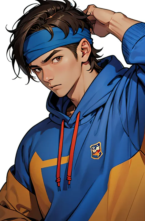 boy, Korean, adult, slightly strong physique , mature face,  brown eyes.  His hair is short and messy brown.  He wears a wide blue sweatshirt . He wears a blue headband on his head . His expression is calm. the background is blue.