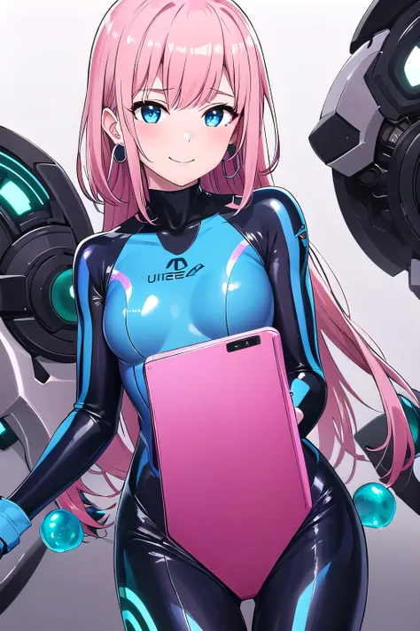 1girl,Samus aran,solo,blue eyes, pink hair, forehead hair, Rainbow glossy rubber suit, black platform heels, silver holographic clutch bag, long straight hairstyle, smoky eye makeup, silver hoop earrings,cowboy shot,blush,,Science fiction,ultra-detailed,sh...