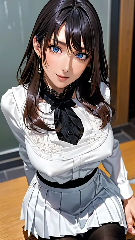 (( correct anatomy )),((Big Breasts)),(( beautiful feet)),((Black Pantyhose)),((White blouse)),((( pleated miniskirt))),((Sexy lace panties)),(()),(()),(()), super high definition,  mature women,  mature women,  very detailed , Perfect hands, Fine fingers,...