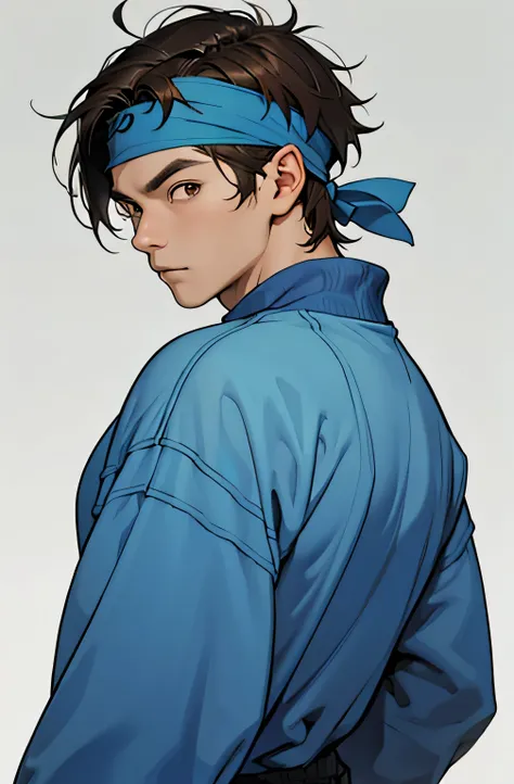 boy, Korean, adult, slightly strong physique , mature face,  brown eyes.  His hair is short and messy brown.  He wears a wide blue sweatshirt. He wears a blue headband on his head . He is looking back . the background is blue.