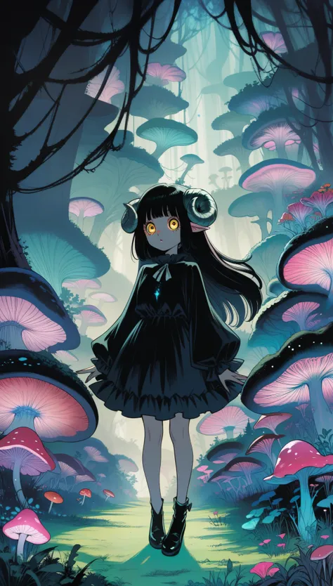 [author：Junji Ito], Dark horror scene, [Detailed shadows], [vein], (Bioluminescent mushroom forest), 1 Girl, Huge cosmic eyes, Spiral Fungus, Human Development Report fluffy black hair sheep horns. Insane