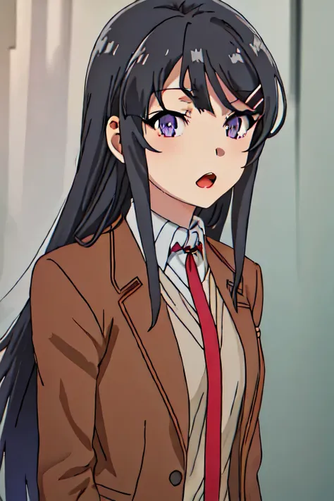 best quality, masterpiece, highres, solo, {sakurajima_mai_seishunbutayarou:1.15}, long_hair, black_hair, hair_ornament, hairclip, purple_eyes, rabbit_hair_ornament, blue_eyes, bangs, necktie, 1girl, blazer, brown_jacket, collared_shirt, jacket, open_mouth,...