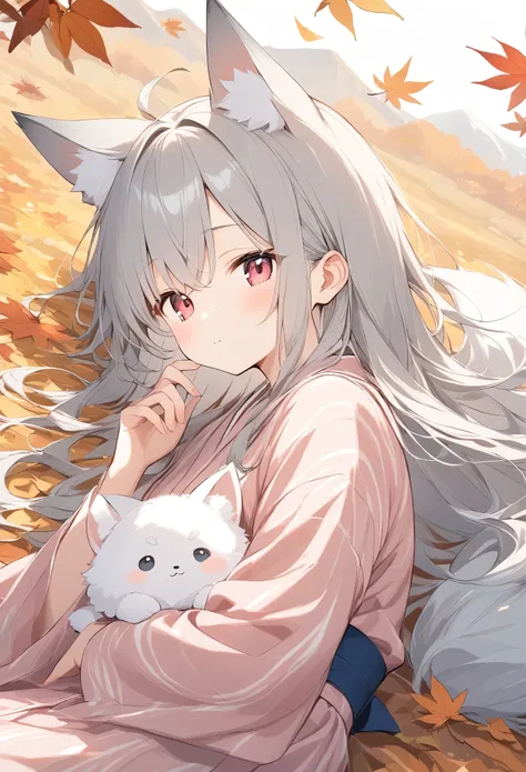 Light line drawing、Light color,White fox girl 、Gray Hair、 Sleek long hair 、Fox Ears、  Foxs Fluffy Tail  、Ruby Eyes、Slanted Eyes、cute、  gorgeous white and pink kimono 、Autumn leaves mountain、 girl lying on fallen leaves