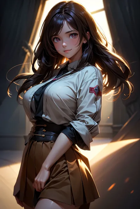 girl, cute, long brown hair, light clothes short skirt, big breasts, long thick thighs, wide hips, thin waist, heart-shaped pupils, eye reflection, glowing eyes, shy, light smile, parted lips, nervous, nervous smile, confused, thinking, pensive, anime, ani...