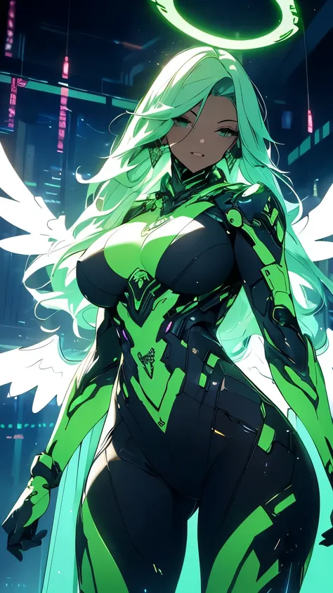 (High quality, Ultra detailed, best quality, insanely detailed, beautiful, masterpiece)、(Light green long hair)、(Embarrassing、Bitch、Prostitute、Slut、Prostitute)、(Huge breasts:1.5)、( wide hips、Thick thighs、curve)、(Camel toe、(NSFW:1.3))、(Dark green plug suit)...