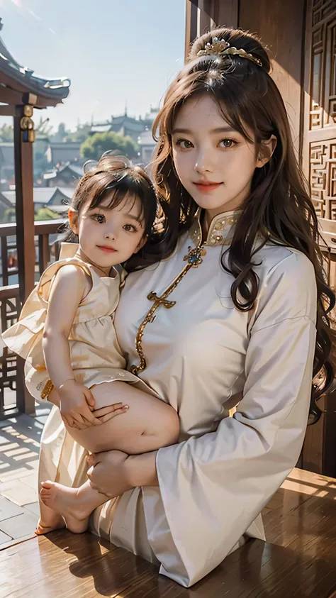 best quality, masterpiece, brown hair, gold eyes, silver clothes, , upper body,Fair skin, long wavy hair  Chinese wooden architecture behind, sunlight falling on her , closed mouth, smiling, drunk blush, looking at viewer , cute poses , queen 👑, Korean thr...