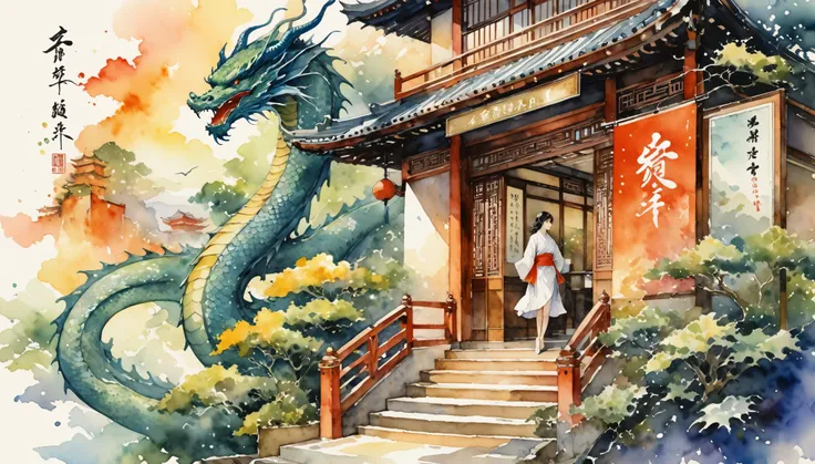 score_9, score_8_up, score_7_up, score_6_up, score_5_up, score_4_up, hires, watercolor texture)cover page, highres, absurdres, Weak scholar in Oriental Dragon Hotel,