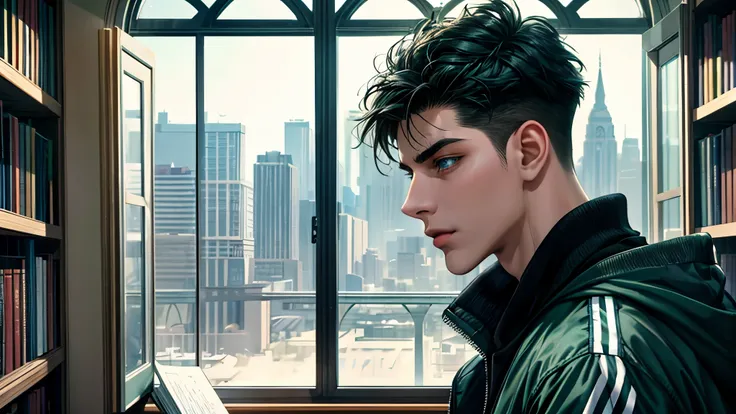 a handsome young man, 21 years old, black hair, badboy, short hair, blue eyes, ombros largos,  masterpiece, absurd face, beautiful and detailed, concentrated look,  with dark green Adidas jacket , sunny environment during the day, In a library. Hes sideway...