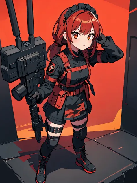 ((red camouflage)), ((1girl)), black ops, tactical maid, tactical clothes red camouflage, (tactical) black light vest, black tactical light equipment, Tactical boots, tactical straps, black tactical fingerless gloves, black tactical harness, maid battle, b...