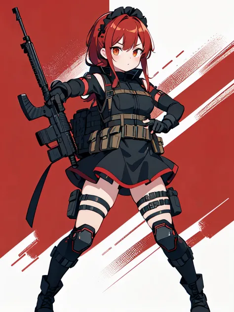 ((red camouflage)), ((1girl)), black ops, tactical maid, tactical clothes red camouflage, (tactical) black light vest, black tactical light equipment, Tactical boots, tactical straps, black tactical fingerless gloves, black tactical harness, maid battle, b...