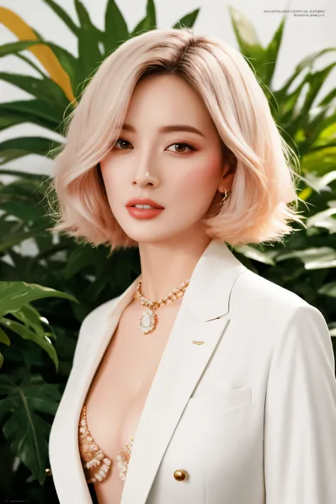 fashion magazine,ultrarealism oil painting,(Pure white parrot),white business suit,DEEP-V COLLAR,(Short-haired neutral woman),Pink big breasts,Plant cover background,The style of artist Bruce Zheng,shinny hair,cowboy lens,art-deco,Verism,blooms,Award-Award...