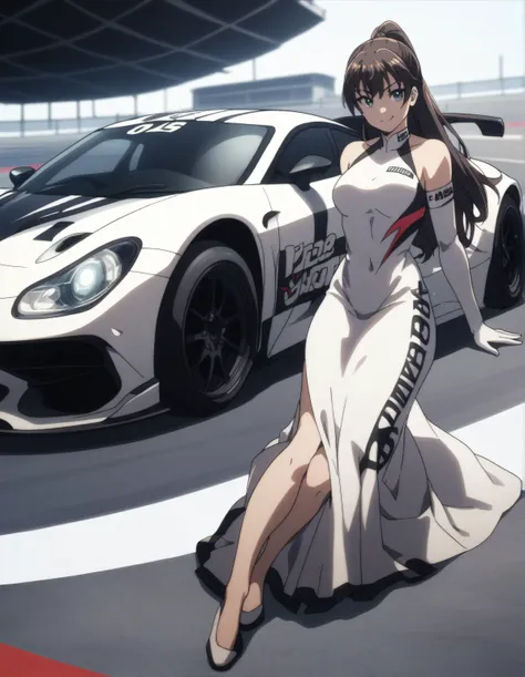 score_9, score_8_up, score_7_up, gsfghtr, race queen dress, 1girl, smile, racing car arena