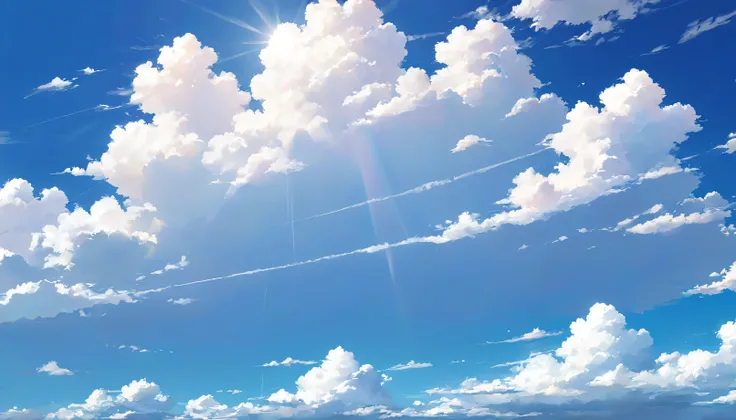 Blue sky all over、There are clouds、horizontal line、The light shines、noon
