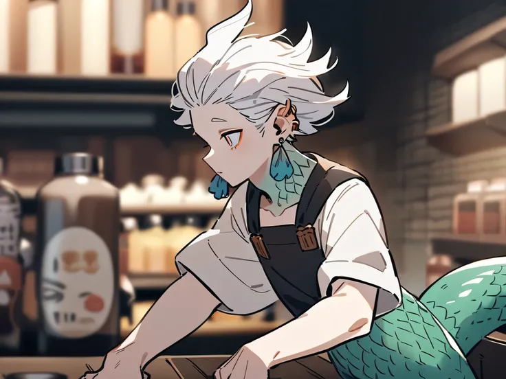 an albino merman, with a twink appearance, gills on his neck, scales on his body, earrings in his ears, wearing a merchant outfit, the best quality