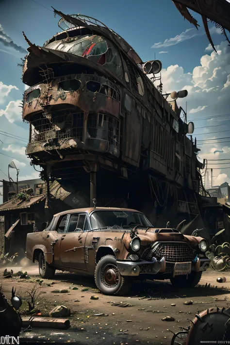 faithful image of an old and rusty Cadillac Eldorado from 1955 with thorns and thorns on the hood, steampunk car, dramatic art, estilo de arte punk diesel, apocalyptic road warrior vibe, a girl in sunglasses sits in the car, Surreal digital art, Mad Max In...