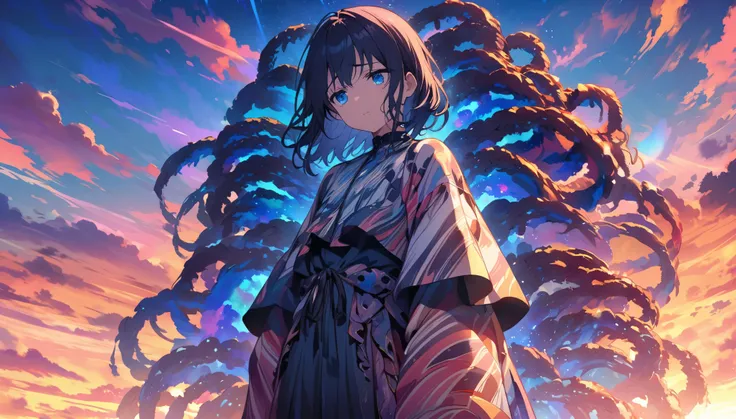 Sad anime character standing under a colorful sky, filled with vibrant clouds at sunset, alone, wearing a flowing outfit, sad expression, blue eyes, yearning gaze, extra detailed hands.