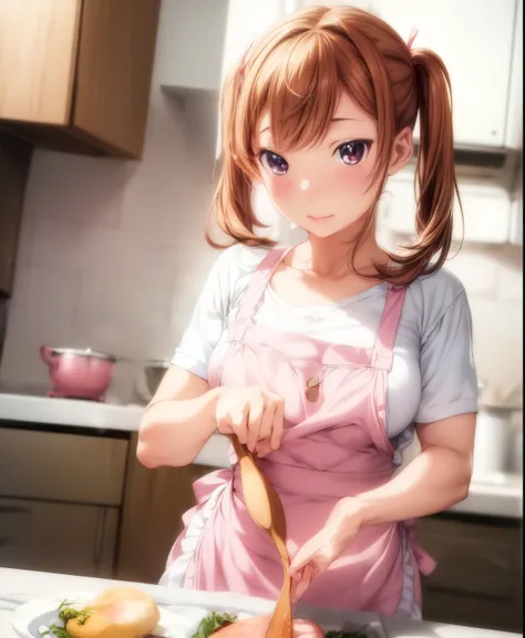 (masterpiece、Best Quality、Best Quality、Official Art、Beautiful and beautiful:1.2)、(One person:1.3),,kitchen、Cooking、 twin tails,Beautiful breasts,Cute Apron、Adorable young girl , Delicate animated illustration , viewers, Soft and smooth lighting, soft pas...