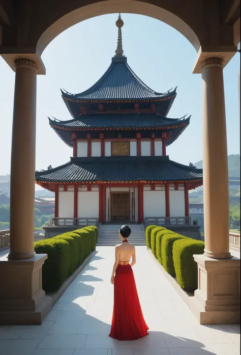 Temple chinois ⛩️ qui est au sommet de la montagne  au millieu de cette temple un homme Africain, montrant le dos et qui élève ses mains en haut,  illustration, il pleut, éclairage sombre et maussade, art numérique, peinture à l&#39;huile, fantaisie, 8 k, ...