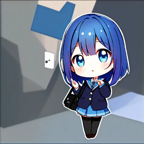 Alone,beautiful girl,(Chibi:1.2),Bob with dark blue hair,blue eyes,School Uniform,whole body,Salute pose, Attention to Details,high quality, High Resolution 