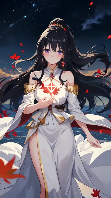 A graceful anime-style character standing in a magical field at twilight, with dark mountains and a glowing sky in the background. The character wears a traditional fantasy-inspired outfit with flowing sleeves, adorned with a mystical purple gem on the che...