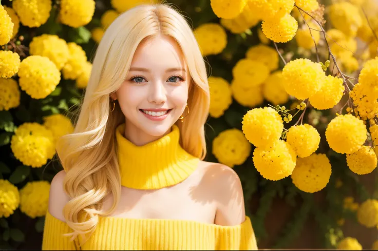 Best Quality　masterpiece　 Details　 super beautiful blonde woman is smiling and wearing a yellow cashmere sweater　The background is a yellow mimosa flower 　The yellow world　Photo style　 fantastic　 fantasy