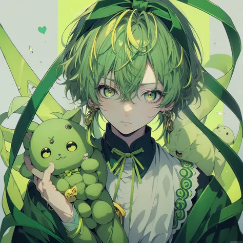 (masterpiece), Best Quality,  super high definition,male、mint green colored hair、（Short Hair:1.3）、Yellow Eyes、whole body、(ribbon:1.3)、Holding a stuffed toy、女装male子、Priest Clothes、Snake Eye、cute、女装male子