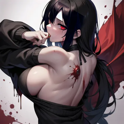 1zombie woman, black hair, red eye zombies, black ripped clothes sweater backless vrigin, large breasts, thick ass, oil skin tone, hunger, wounded, blood