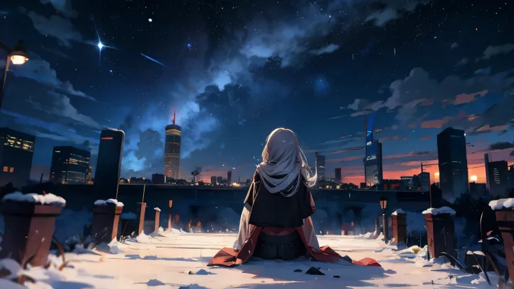 octans, null, star (null), scenery, starry null, night,  1 girl, night null, Alone, Outdoor,  building, cloud, milky way, Sitting, tree, Long Hair, city, silhouette, cityscape