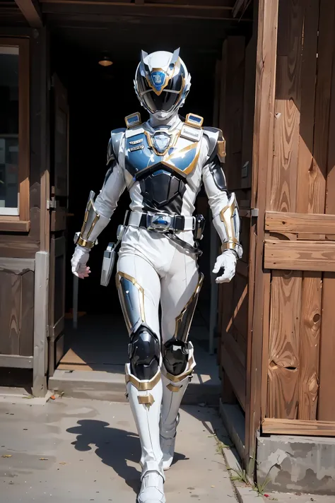 1boy, full body, Illustration, cinematic light, high resolution, best quality, ultra-detailed, masterpiece, power suit, powerranger, suit, spd, (Silver and Gold chest plate), white and gold detail, (((white suit))), ((police theme:1.2))