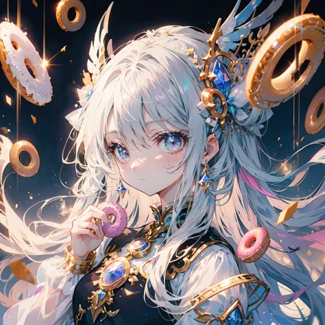 background, fantasy, Extraordinary, fantasy空間，動感的background,  A girl， donut girl ， with cream on her nose， shiny eyes 