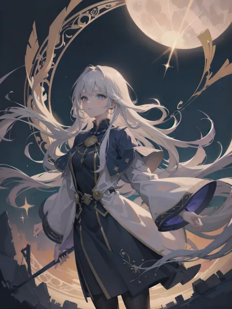 Wizard of Another World, beautiful adult woman stands on an intricate magic circle under a starry sky as an otherworldly wizard. She has long silver hair and shining blue eyes, and her elegant robes are painted with luminous patterns. One hand held high, t...