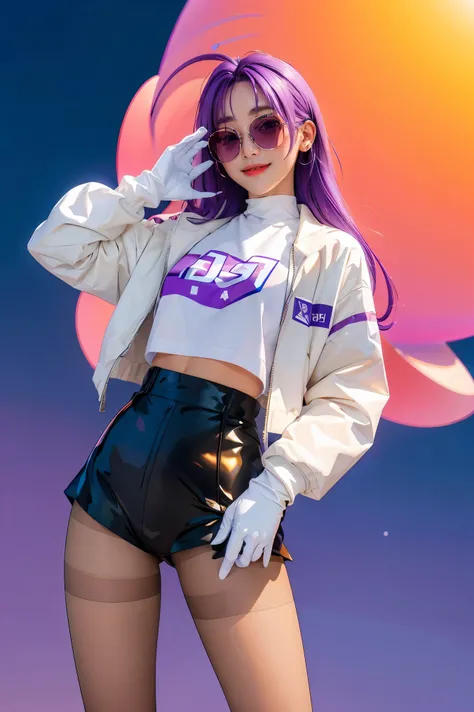 masterpiece, best quality, 1girl, KafkaV4, shirt, white shirt, jacket, purple hair, long sleeves, eyewear on head, sunglasses, boots, gloves, pantyhose, cowboy shot, standing, gradient background, spaceship, closed mouth, smile, looking at viewer, 