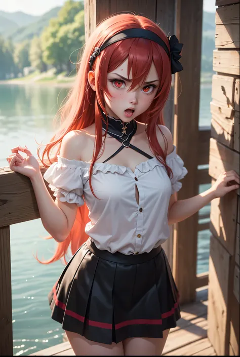 eris greyrat, Mushoku Tensei, 1girl, solo, long hair, red eyes, red hair, bare shoulders,hairband,blush, bangs, hair between eyes, hair flaps, black skirt, crossed bangs, white shirt, shouting,angry, fantasy lakeside,