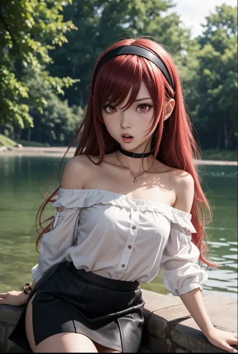 eris greyrat, Mushoku Tensei, 1girl, solo, long hair, red eyes, red hair, bare shoulders,hairband,blush, bangs, hair between eyes, hair flaps, black skirt, crossed bangs, white shirt, shouting,angry, fantasy lakeside,