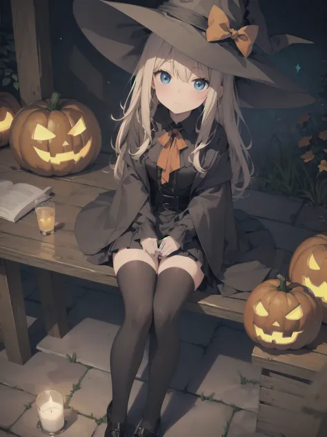 (🧙‍♀️), ✡, ✨, 🎃, (black hat), ((cartoon drawing style)), Halloween, witchs vestments, knee-highs with a jack-o-lantern pattern,
Illustration of a witch sitting at a table and looking shyly at you, drawn in cartoon style, cinematic, cinematic angle.
One, ve...