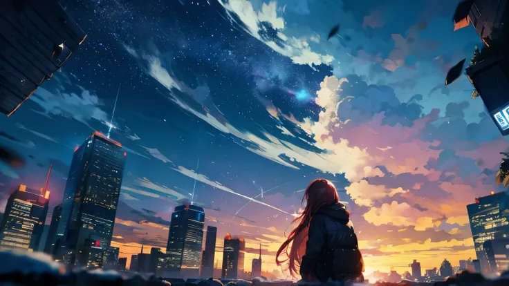 octans, null, star (null), scenery, starry null, night,  1 girl, night null, Alone, Outdoor,  building, cloud, milky way, Sitting, tree, Long Hair, city, silhouette, cityscape、Red Hair