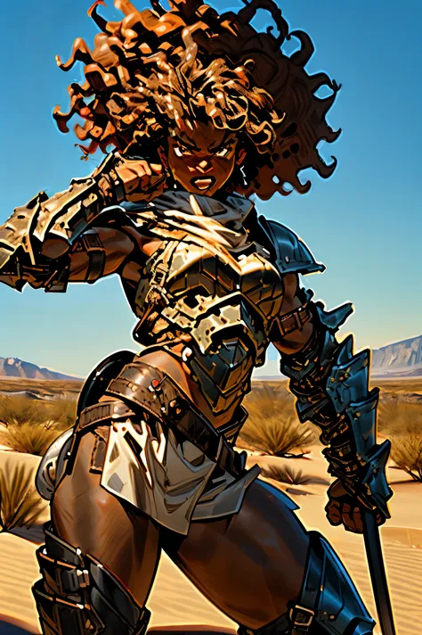 (Best quality, 4k, 8K, high resolution, masterpiece: 1.2), petite black girl, barbarian with curly hair, (leather armor) gun, desert background, wild environment, sharp focus, nature, action pose, confident expression, natural texture,